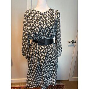 H&M Black & Ivory Geometric Print Midi Dress | Long Sleeve | Size 10
